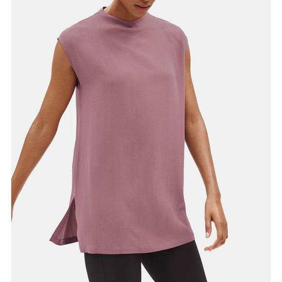 EILEEN FISHER Tunic Top Womens S Mauve Purple Silk Georgette Crepe Funnel Neck - Picture 3 of 16